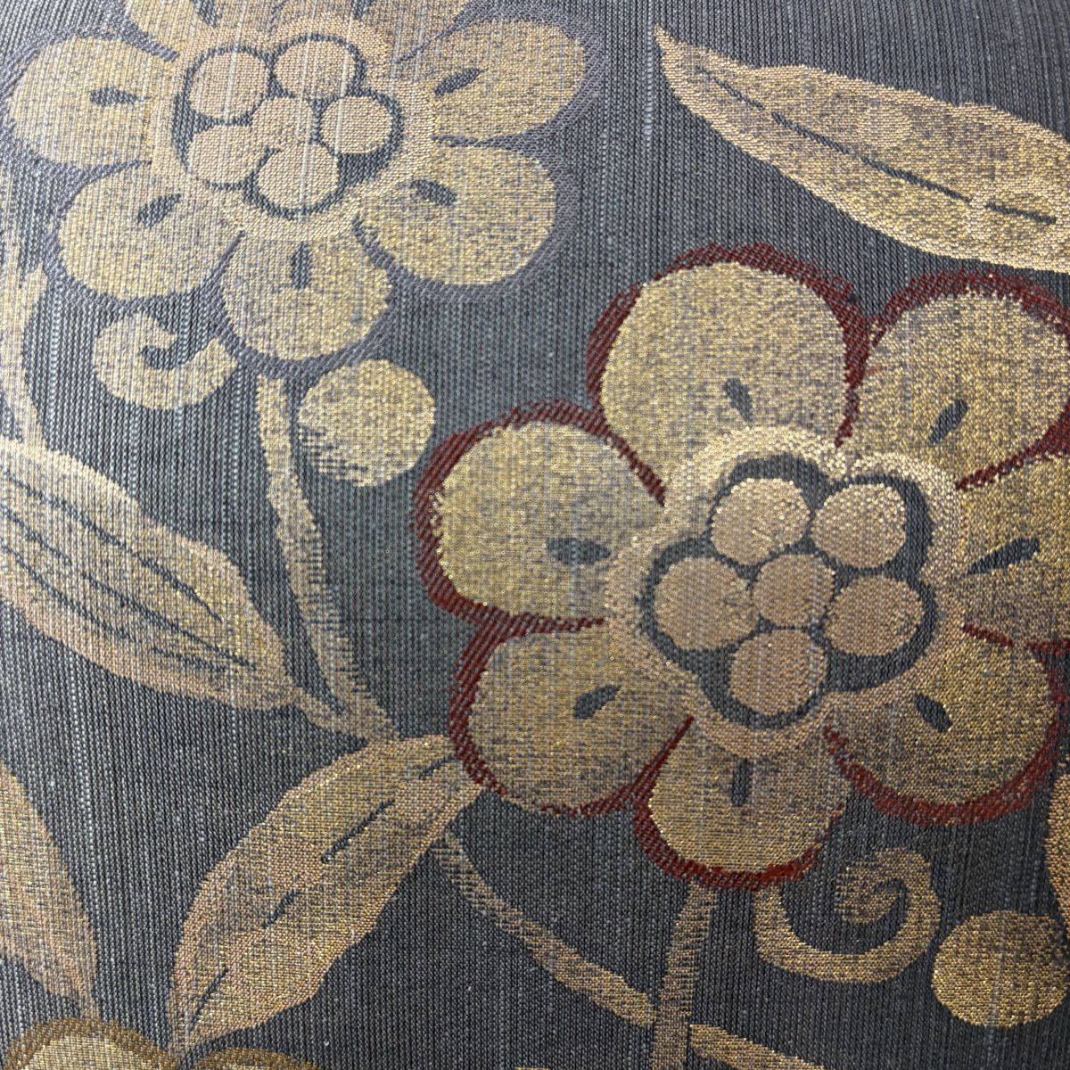 【美品】 袋帶 名品級 紬織織 花唐草紋 金絲 金金箔 灰紫 六通 純蠶絲
