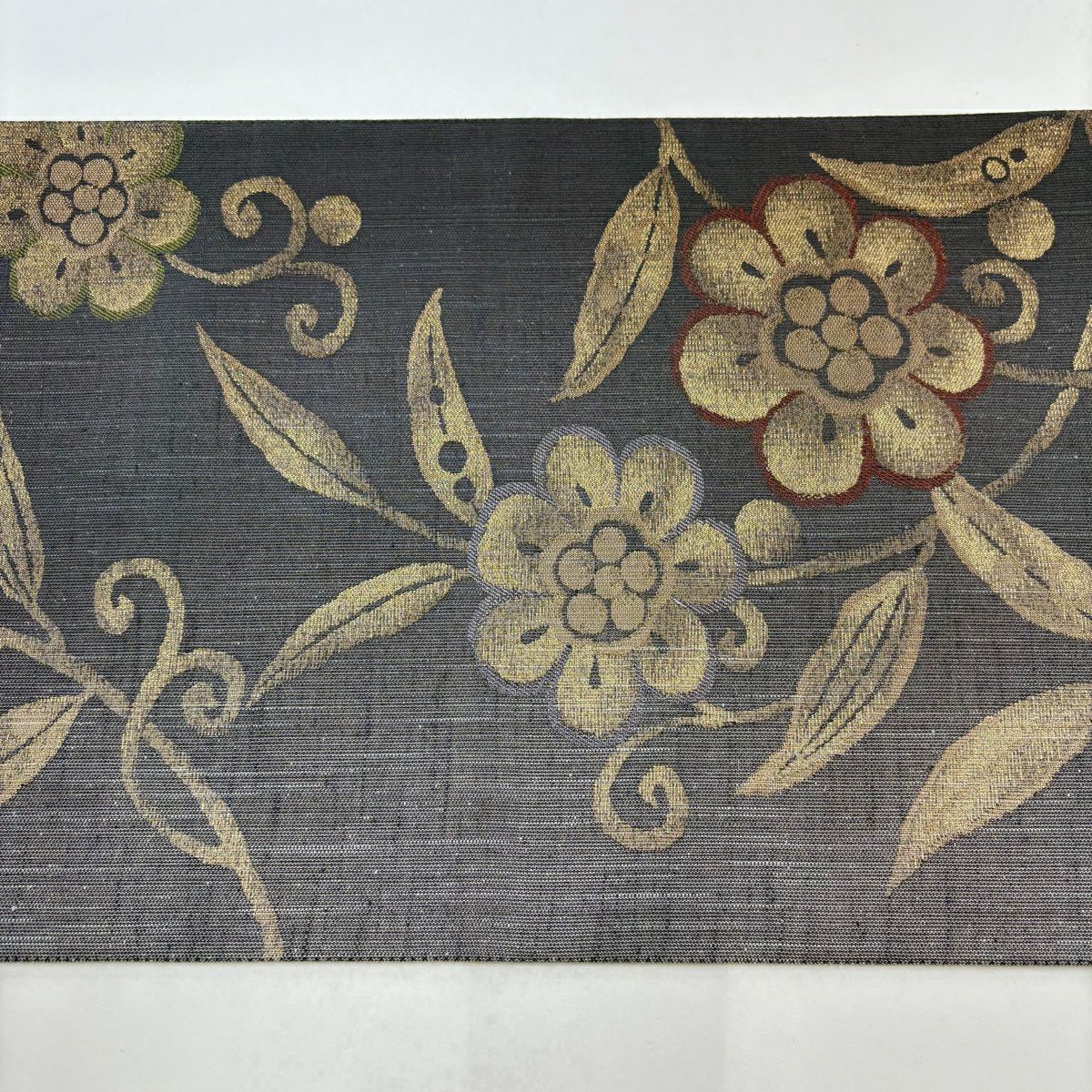 【美品】 袋帶 名品級 紬織織 花唐草紋 金絲 金金箔 灰紫 六通 純蠶絲
