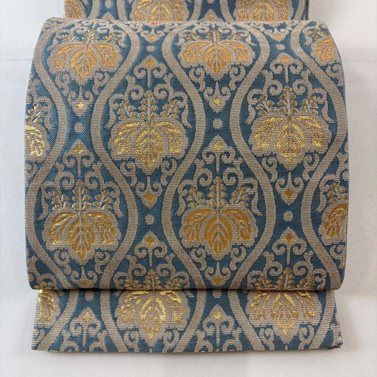 【美品】 袋帶 名品級 花井幸子 落款あり 金華山織 立涌 桐 銀糸 金金箔 水色 六通 純蠶絲