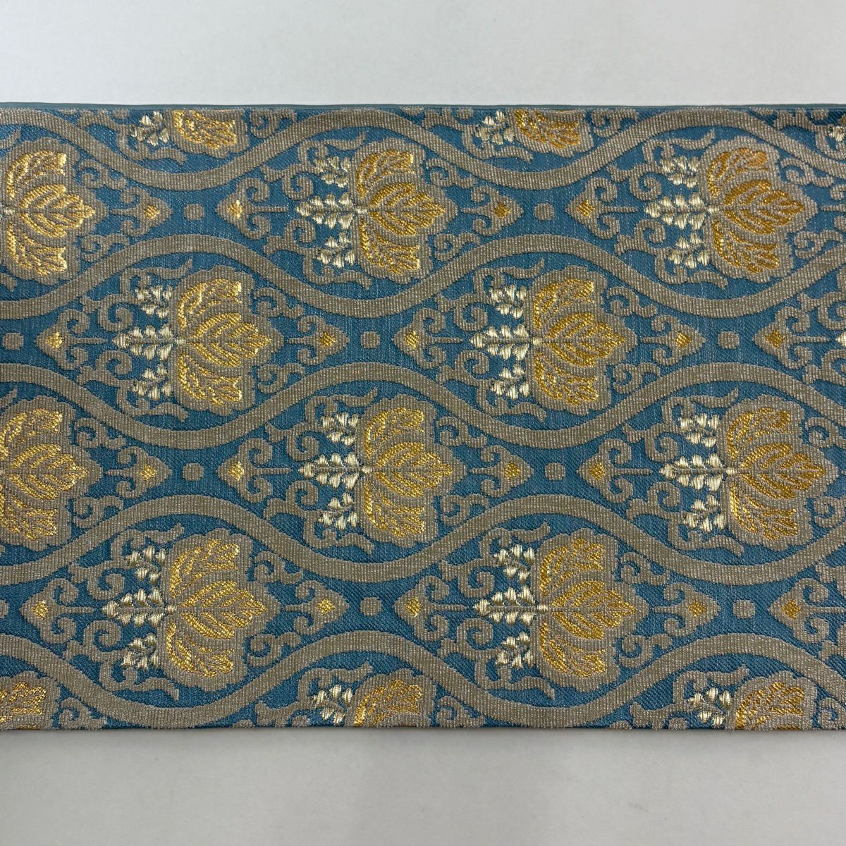 【美品】 袋帶 名品級 花井幸子 落款あり 金華山織 立涌 桐 銀糸 金金箔 水色 六通 純蠶絲