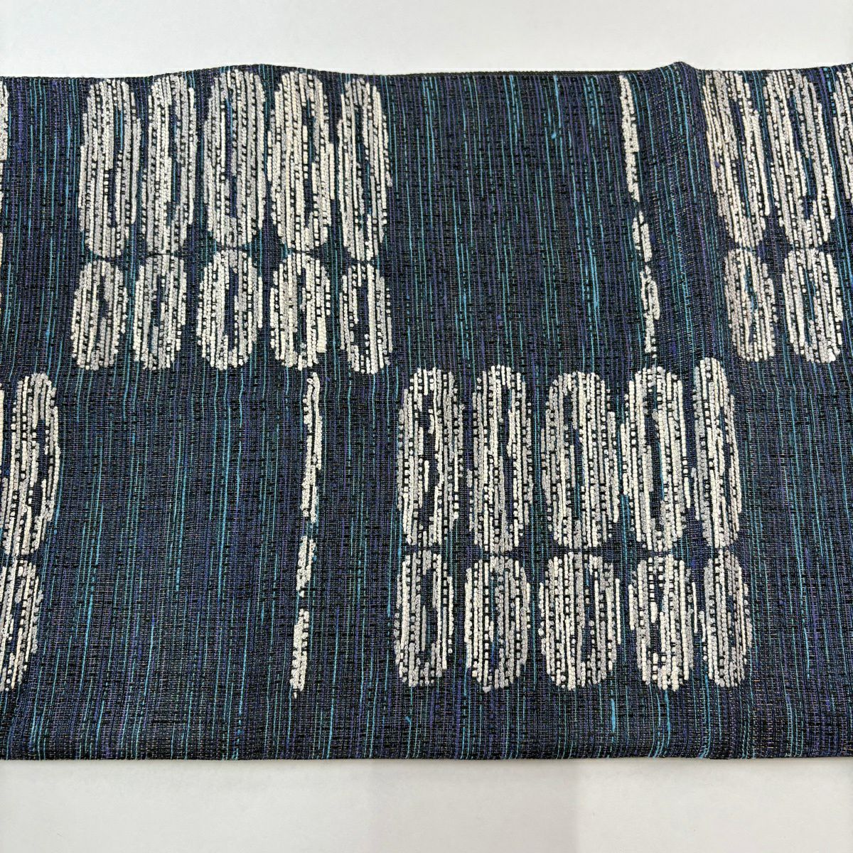 【美品】 袋帶 名品級 大和 幾何學 細條紋 金通 深藍 六通 純蠶絲