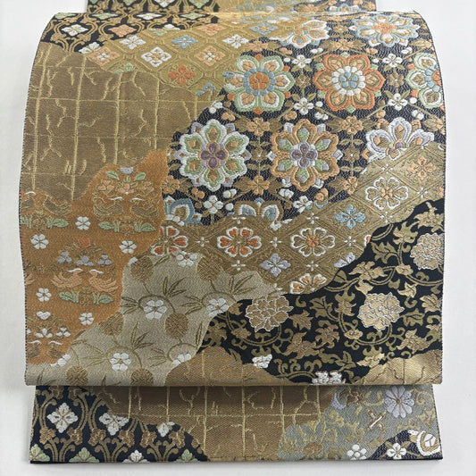 【美品】 袋帶 名品級 服部織物 落款 華紋 向鳥 金絲 金金箔 金色 六通 純蠶絲