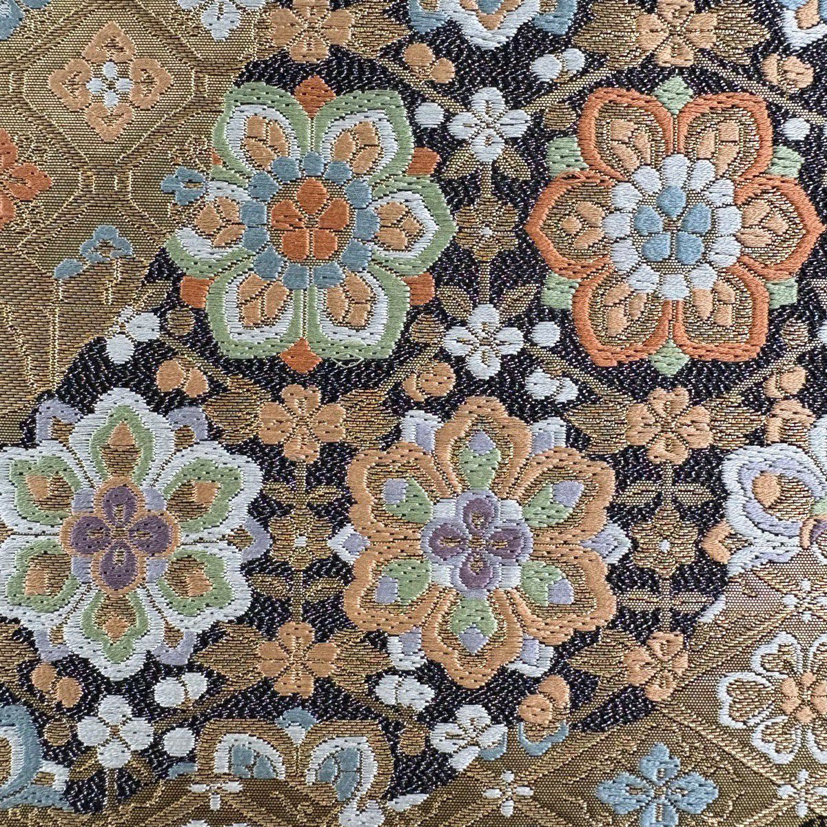 【美品】 袋帶 名品級 服部織物 落款 華紋 向鳥 金絲 金金箔 金色 六通 純蠶絲