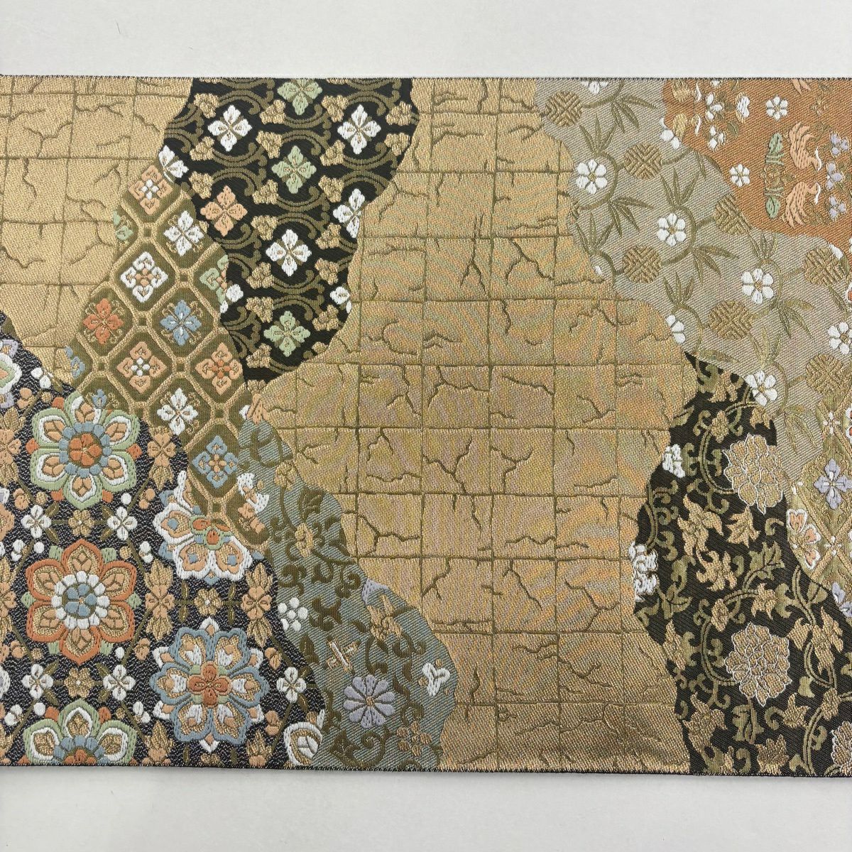 【美品】 袋帶 名品級 服部織物 落款 華紋 向鳥 金絲 金金箔 金色 六通 純蠶絲
