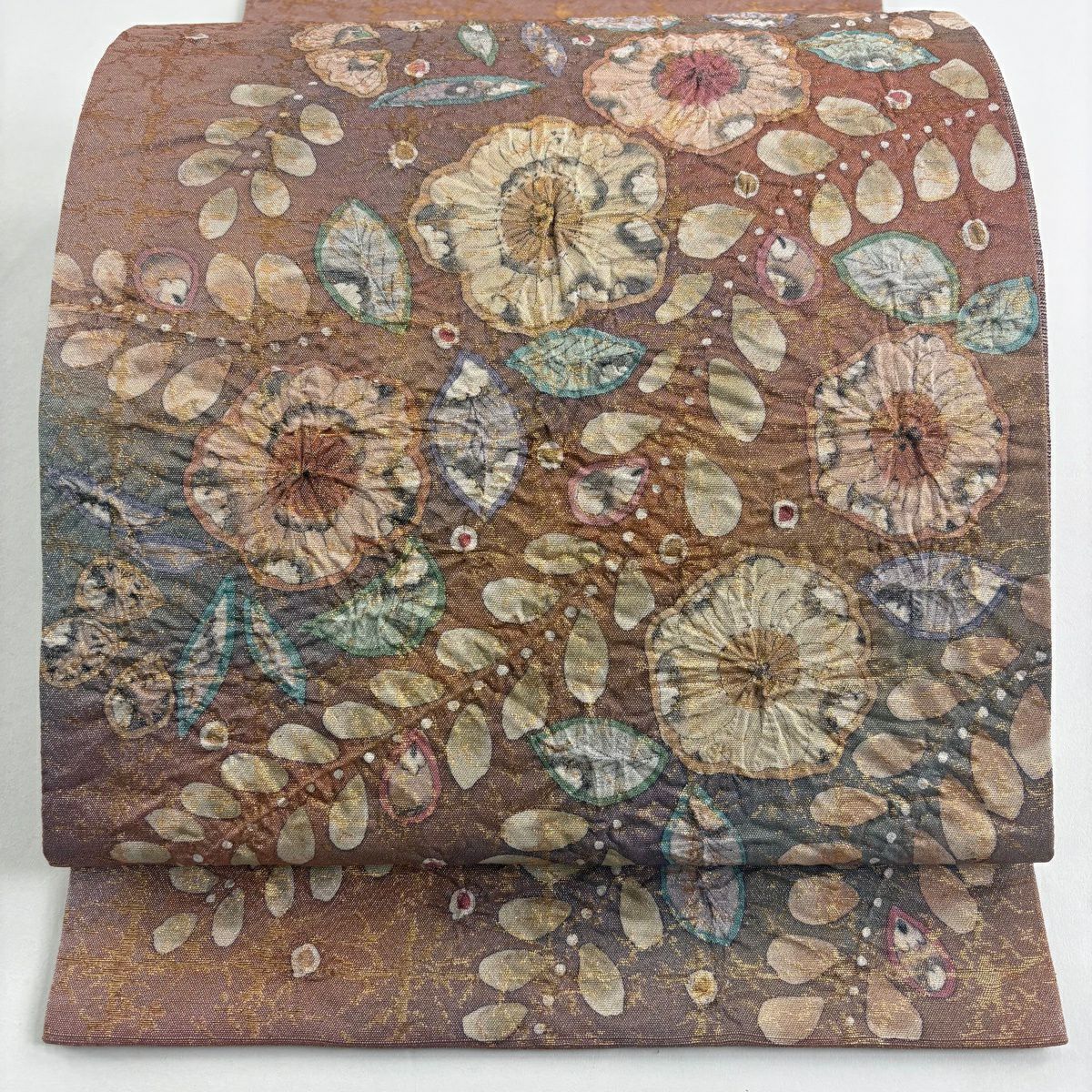 【美品】 袋帶 名品級 落款あり 辻花染 金金箔 淺豆色 お太鼓柄 純蠶絲
