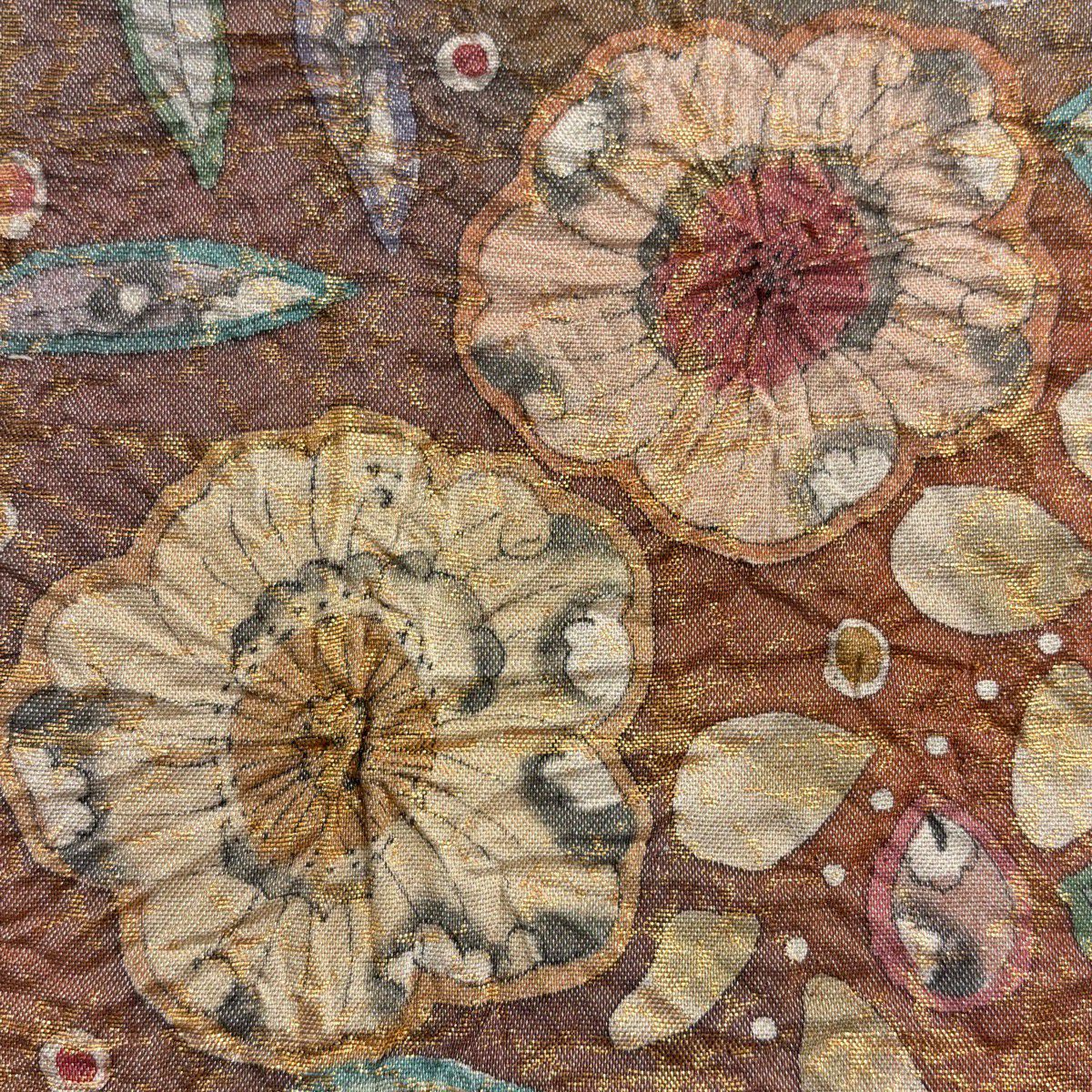 【美品】 袋帶 名品級 落款あり 辻花染 金金箔 淺豆色 お太鼓柄 純蠶絲