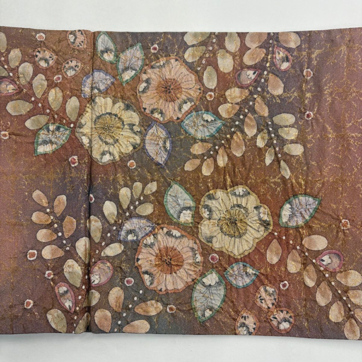 【美品】 袋帶 名品級 落款あり 辻花染 金金箔 淺豆色 お太鼓柄 純蠶絲