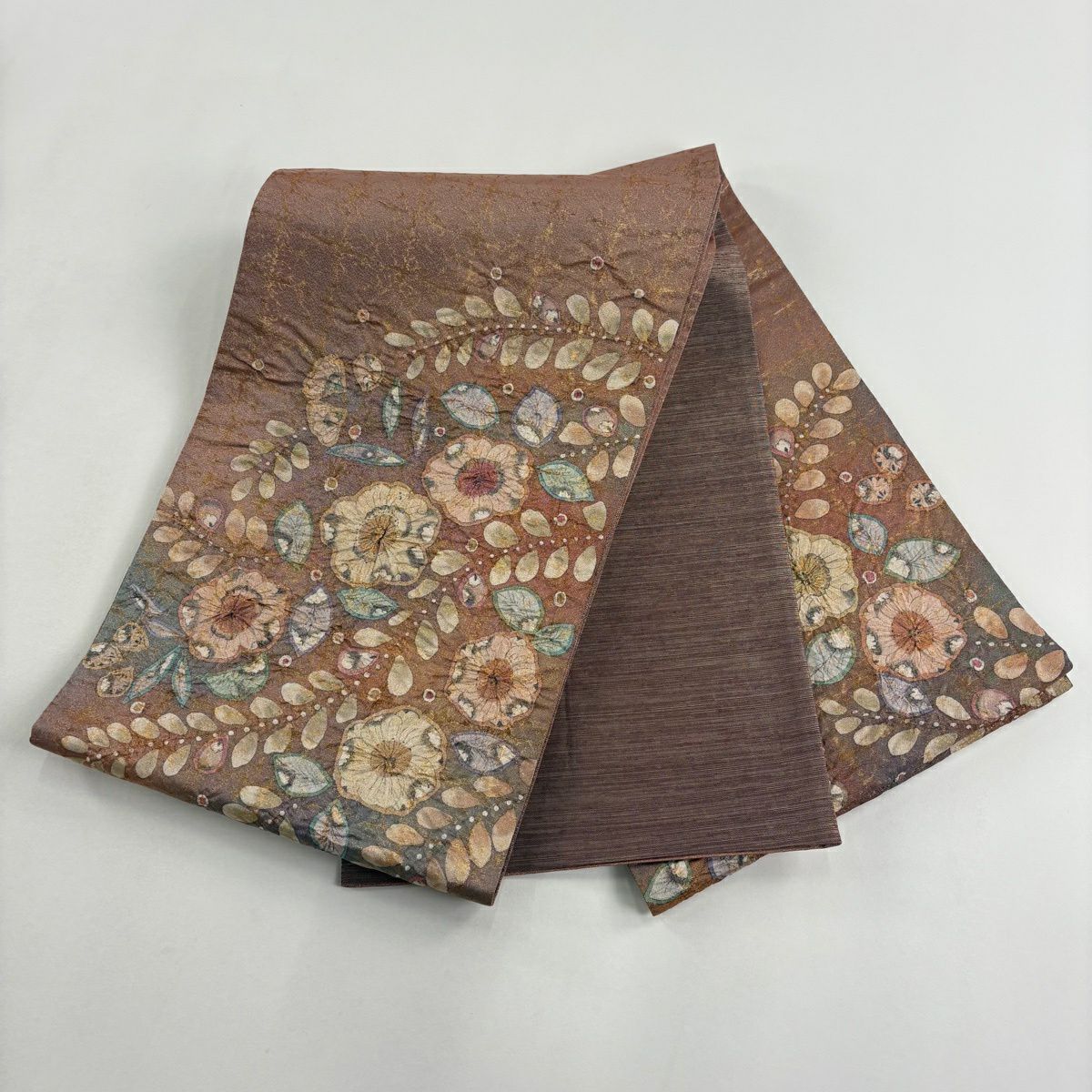 【美品】 袋帶 名品級 落款あり 辻花染 金金箔 淺豆色 お太鼓柄 純蠶絲