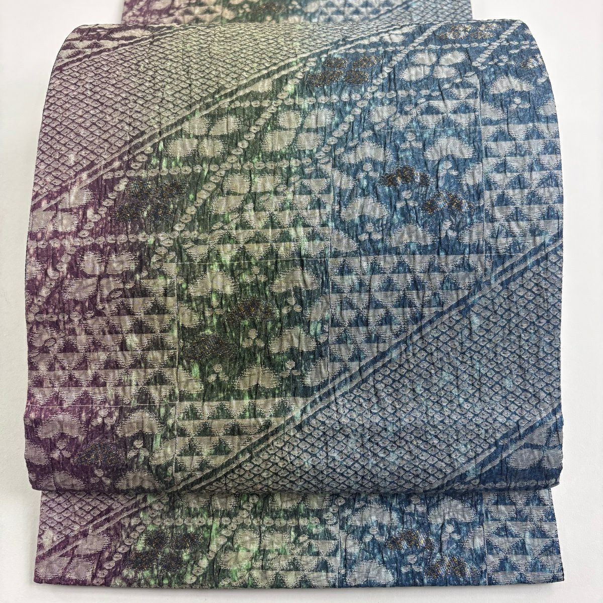 【美品】 袋帶 名品級 笠松樹 鱗 金金箔 青綠 全通 純蠶絲