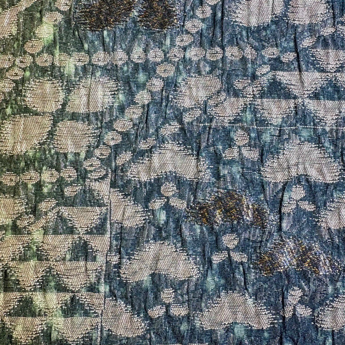【美品】 袋帶 名品級 笠松樹 鱗 金金箔 青綠 全通 純蠶絲