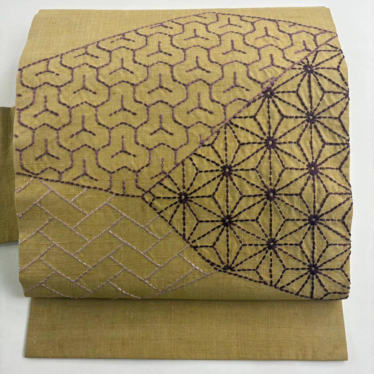 名古屋帶 名品級 紬織織 麻葉 毘沙門龜甲 刺繡 黃土 純蠶絲