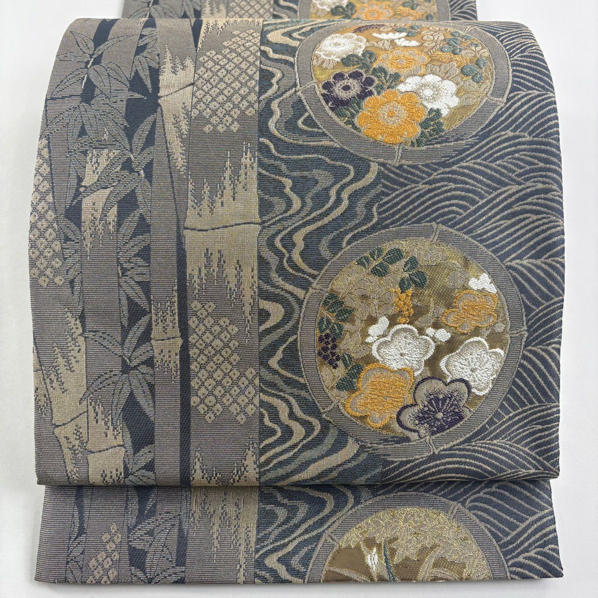 【美品】 袋帶 名品級 竹子 草花紋 金通 金金箔 青灰 六通 純蠶絲