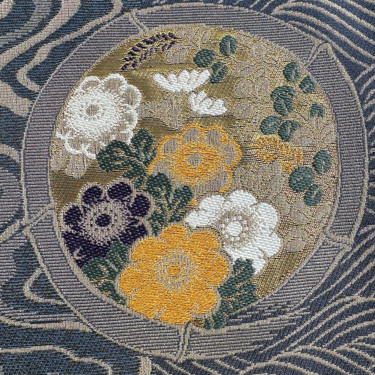 【美品】 袋帶 名品級 竹子 草花紋 金通 金金箔 青灰 六通 純蠶絲