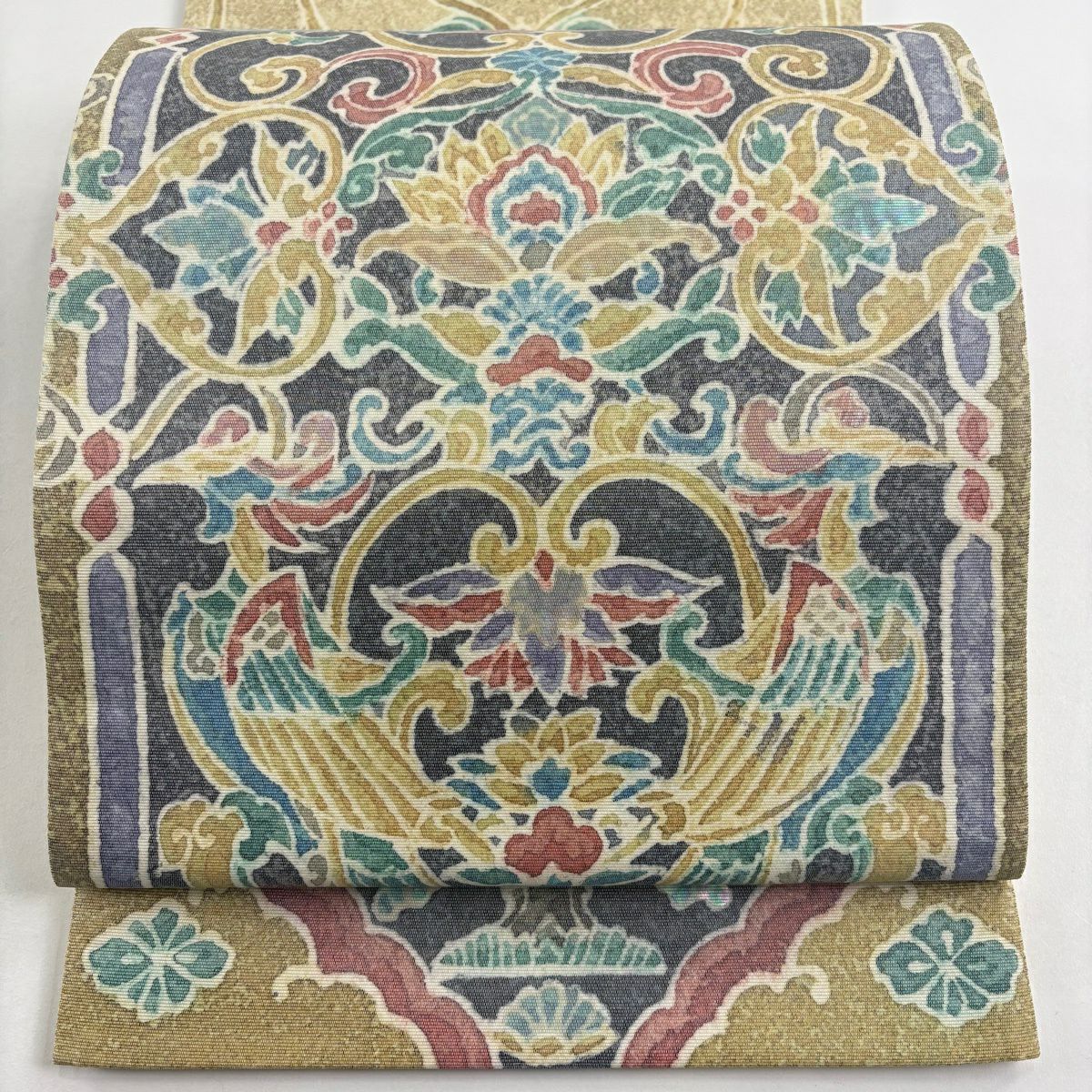 【美品】 袋帶 名品級 落款あり 草花紋 幾何學圖案 金金箔 黑灰 お太鼓柄 純蠶絲