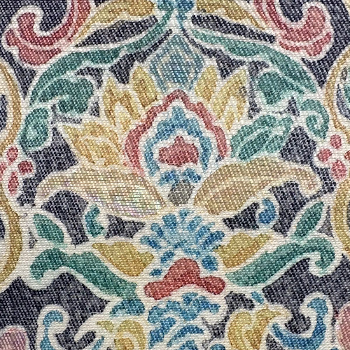 【美品】 袋帶 名品級 落款あり 草花紋 幾何學圖案 金金箔 黑灰 お太鼓柄 純蠶絲