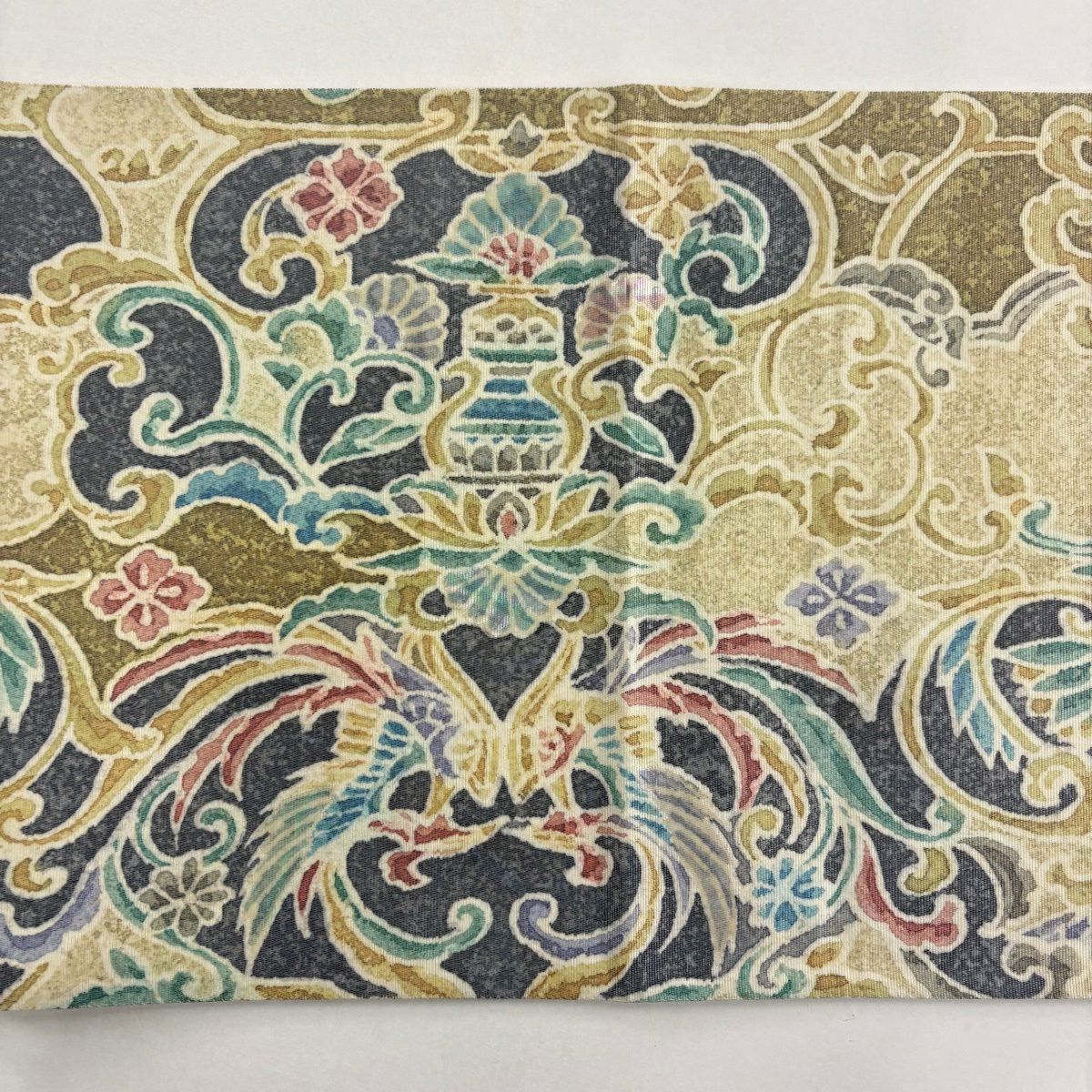 【美品】 袋帶 名品級 落款あり 草花紋 幾何學圖案 金金箔 黑灰 お太鼓柄 純蠶絲