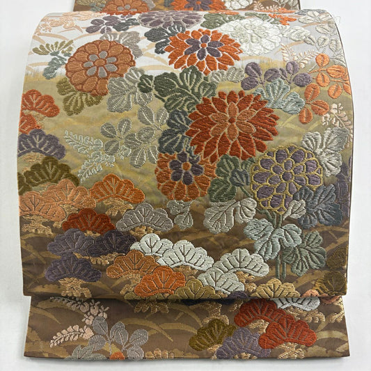 袋帶 名品級 菊花 笠松樹 金絲 唐織 灰茶 六通 純蠶絲