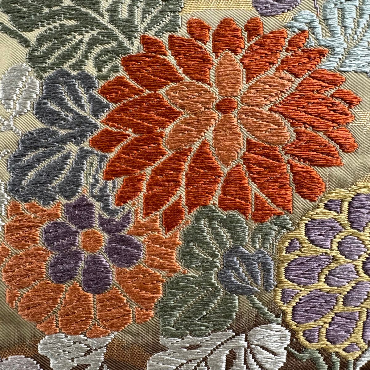 袋帶 名品級 菊花 笠松樹 金絲 唐織 灰茶 六通 純蠶絲