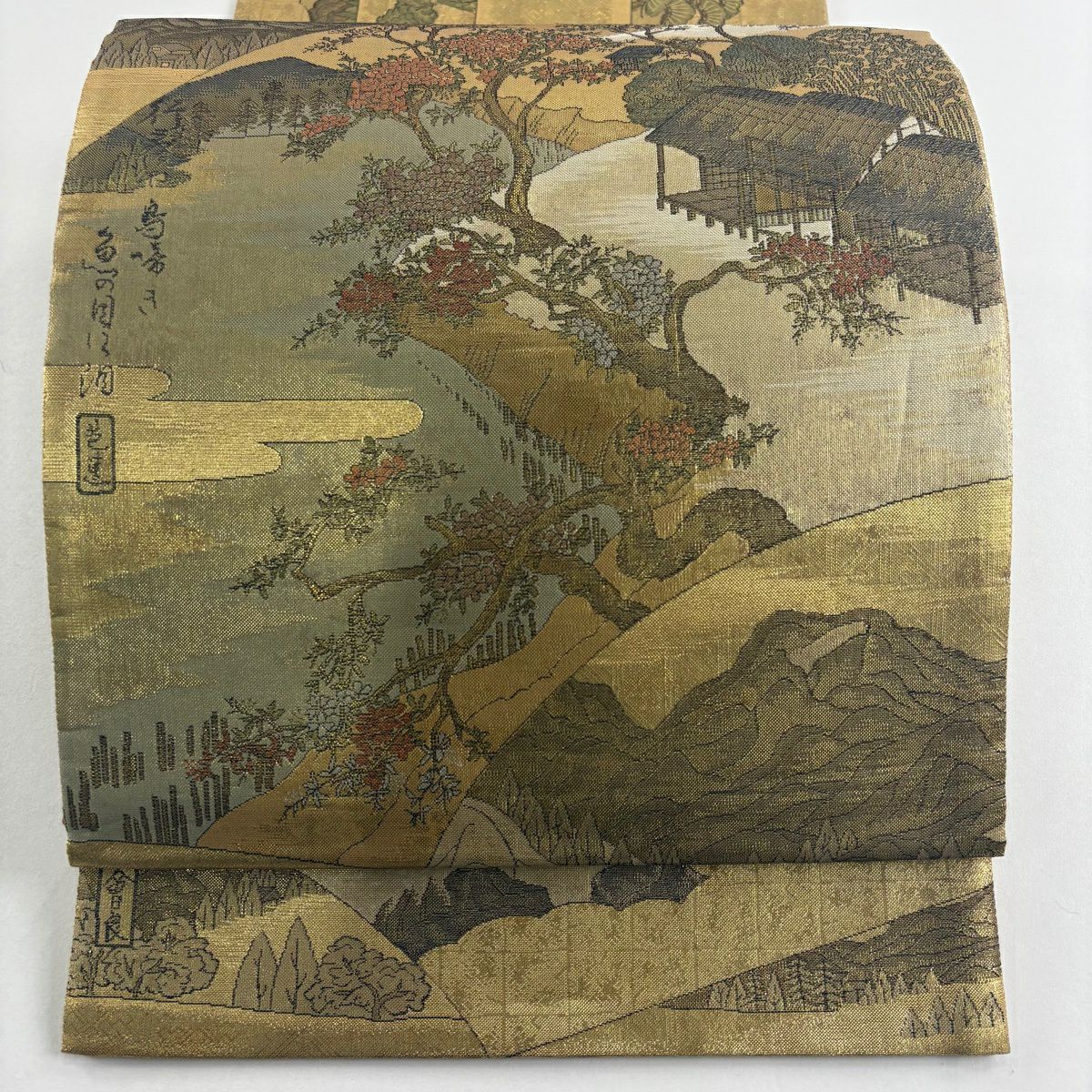 袋帶 名品級 證書齊全 風景 奥之細道 金金箔 金色 大鼓圖案 純蠶絲