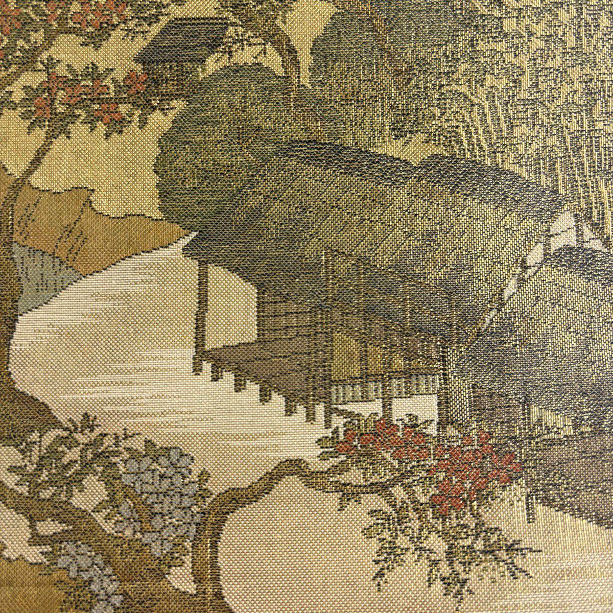 袋帶 名品級 證書齊全 風景 奥之細道 金金箔 金色 大鼓圖案 純蠶絲