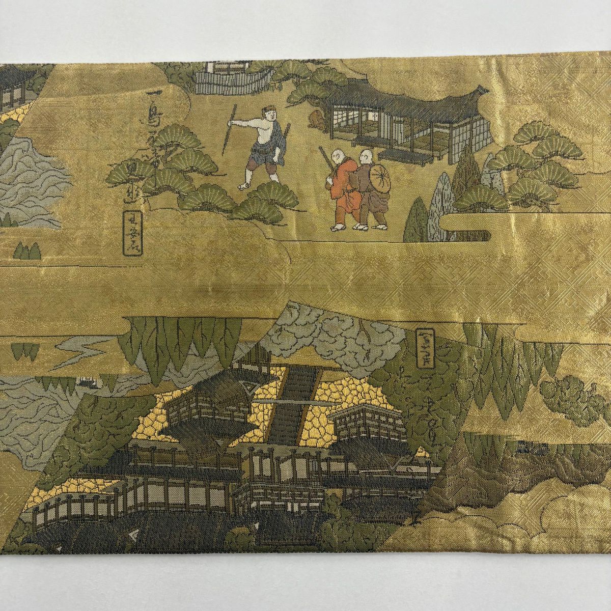 袋帶 名品級 證書齊全 風景 奥之細道 金金箔 金色 大鼓圖案 純蠶絲