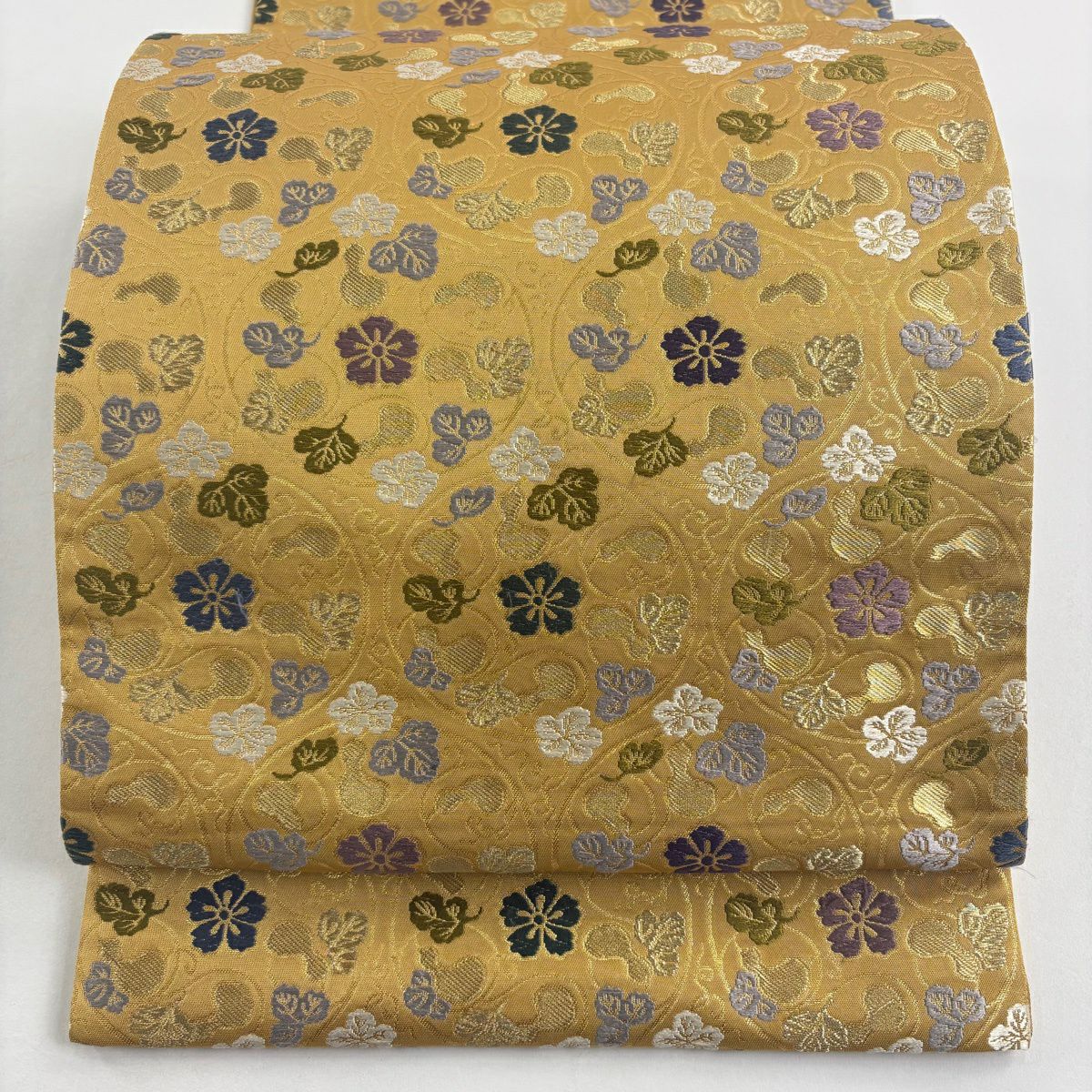 袋帶 名品級 瓢箪 唐草紋 金糸 金金箔 山吹 深黃 六通 純蠶絲