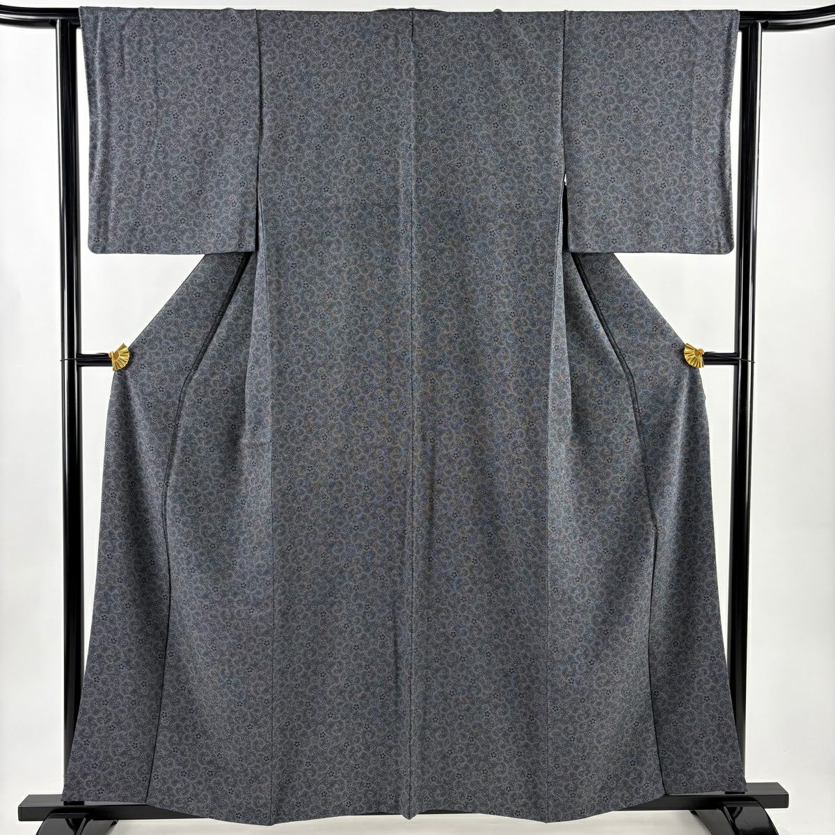 【美品】 江戶小紋 身長159cm 袖長63cm S 雙層 落款あり 花唐草紋 墨 深藍 純蠶絲 名品級