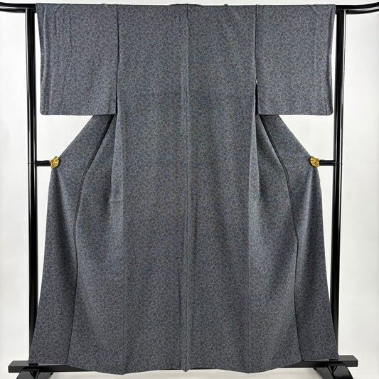 【美品】 江戶小紋 身長159cm 袖長63cm S 雙層 落款あり 花唐草紋 墨 深藍 純蠶絲 名品級