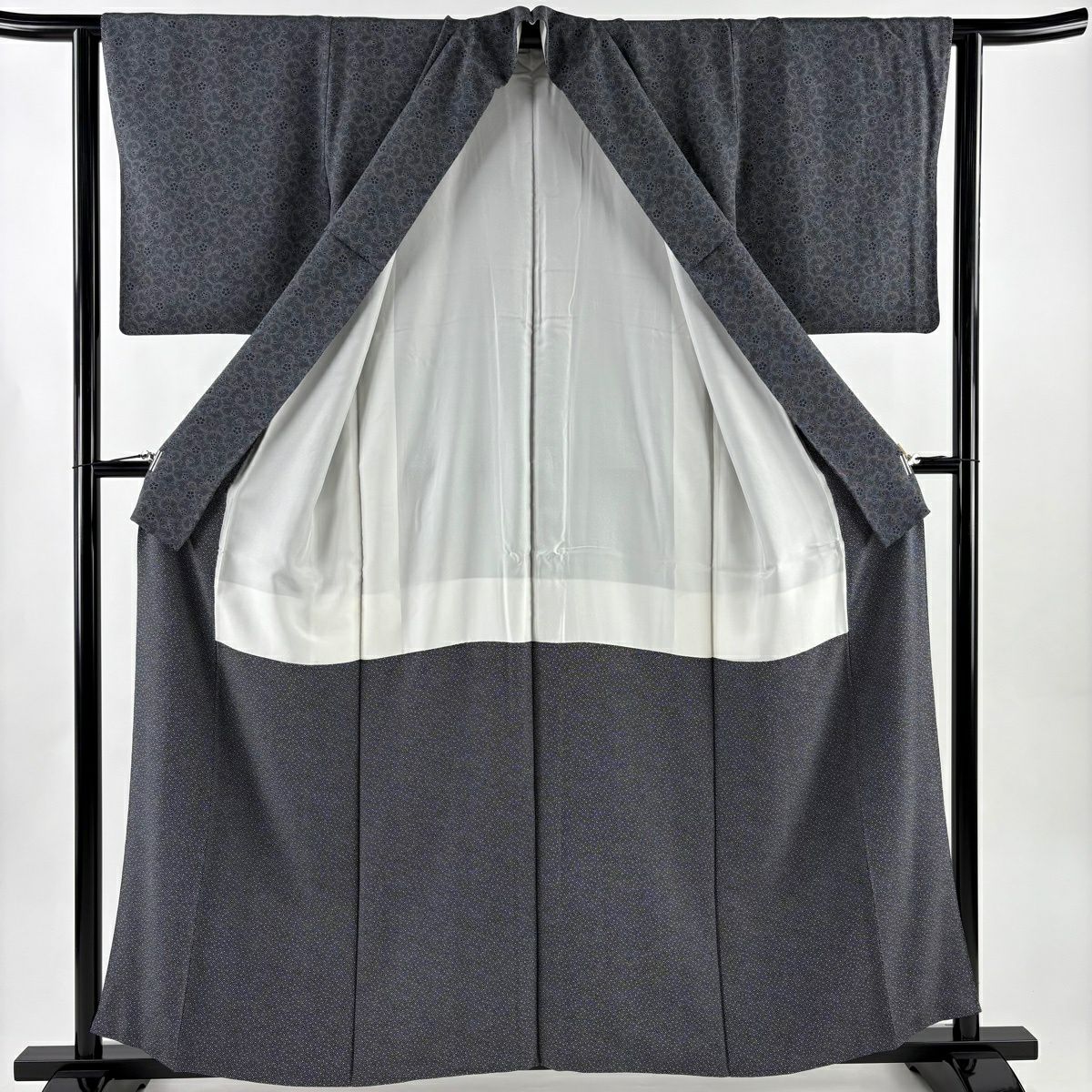 【美品】 江戶小紋 身長159cm 袖長63cm S 雙層 落款あり 花唐草紋 墨 深藍 純蠶絲 名品級