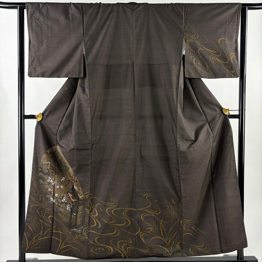 【美品】 付下 身長155.5cm 袖長64cm M 雙層 大島紬織地 證書齊全 姫 流水 焦茶 純蠶絲 名品級
