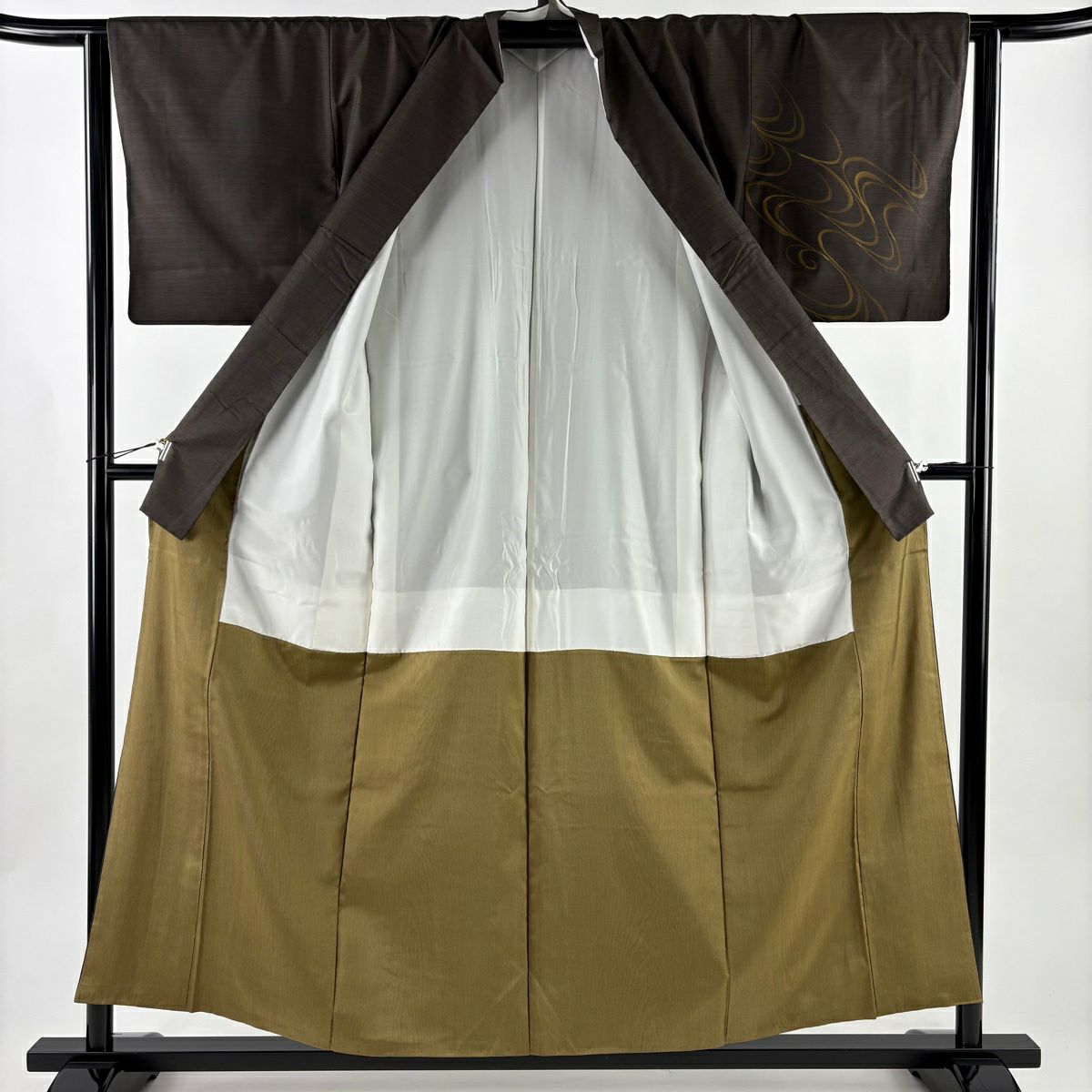 【美品】 付下 身長155.5cm 袖長64cm M 雙層 大島紬織地 證書齊全 姫 流水 焦茶 純蠶絲 名品級