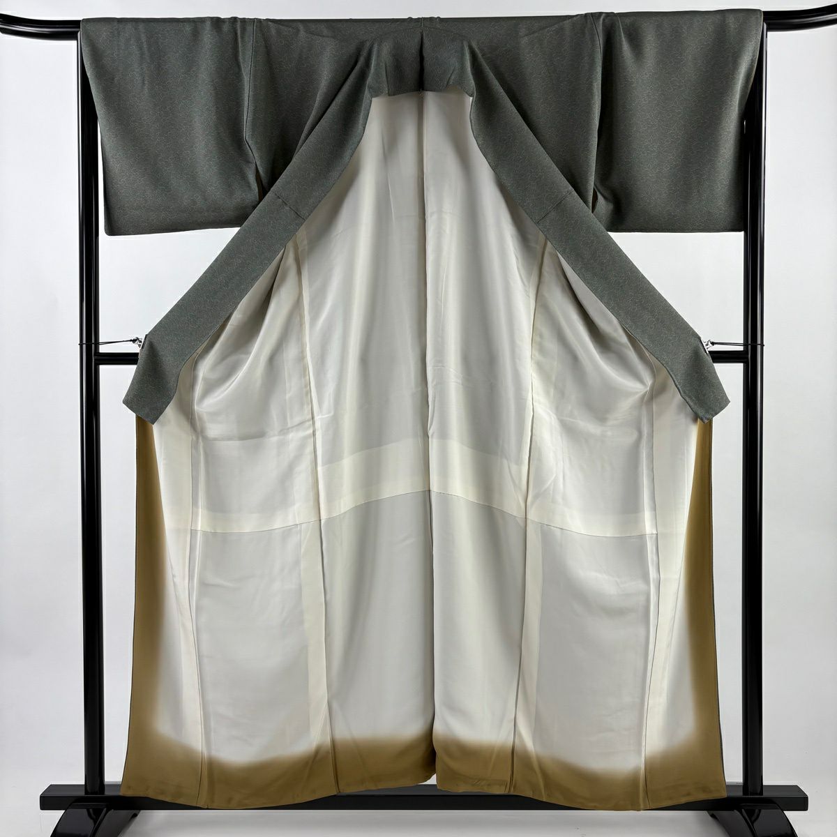 【美品】 江戶小紋 身長156cm 袖長67cm M 雙層 幾何學 灰綠 純蠶絲 名品級
