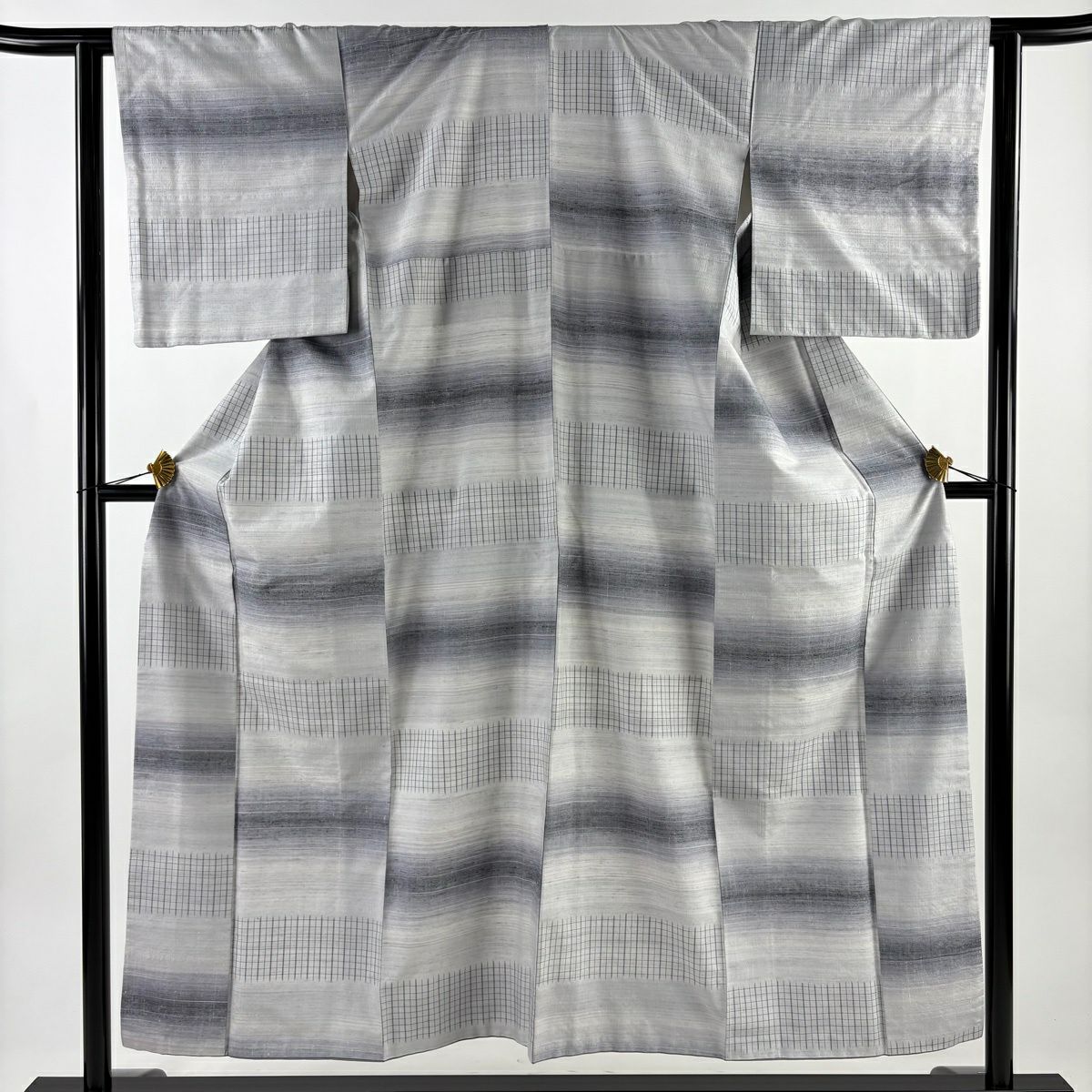 【美品】 紬織 身長152.5cm 袖長62cm S 雙層 格子 段縞 灰 純蠶絲 名品級