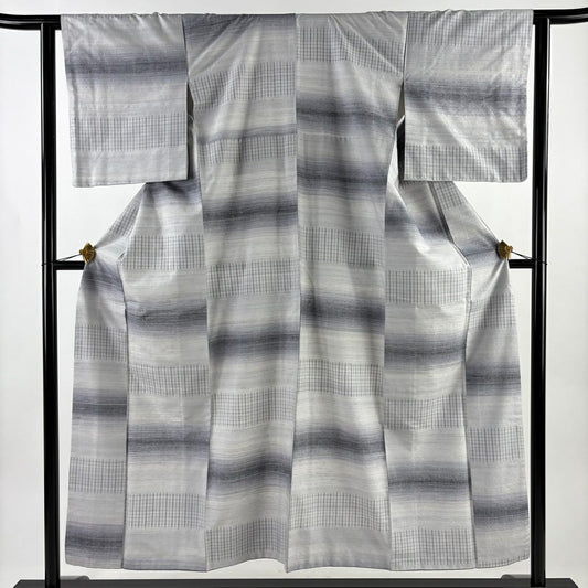 【美品】 紬織 身長152.5cm 袖長62cm S 雙層 格子 段縞 灰 純蠶絲 名品級