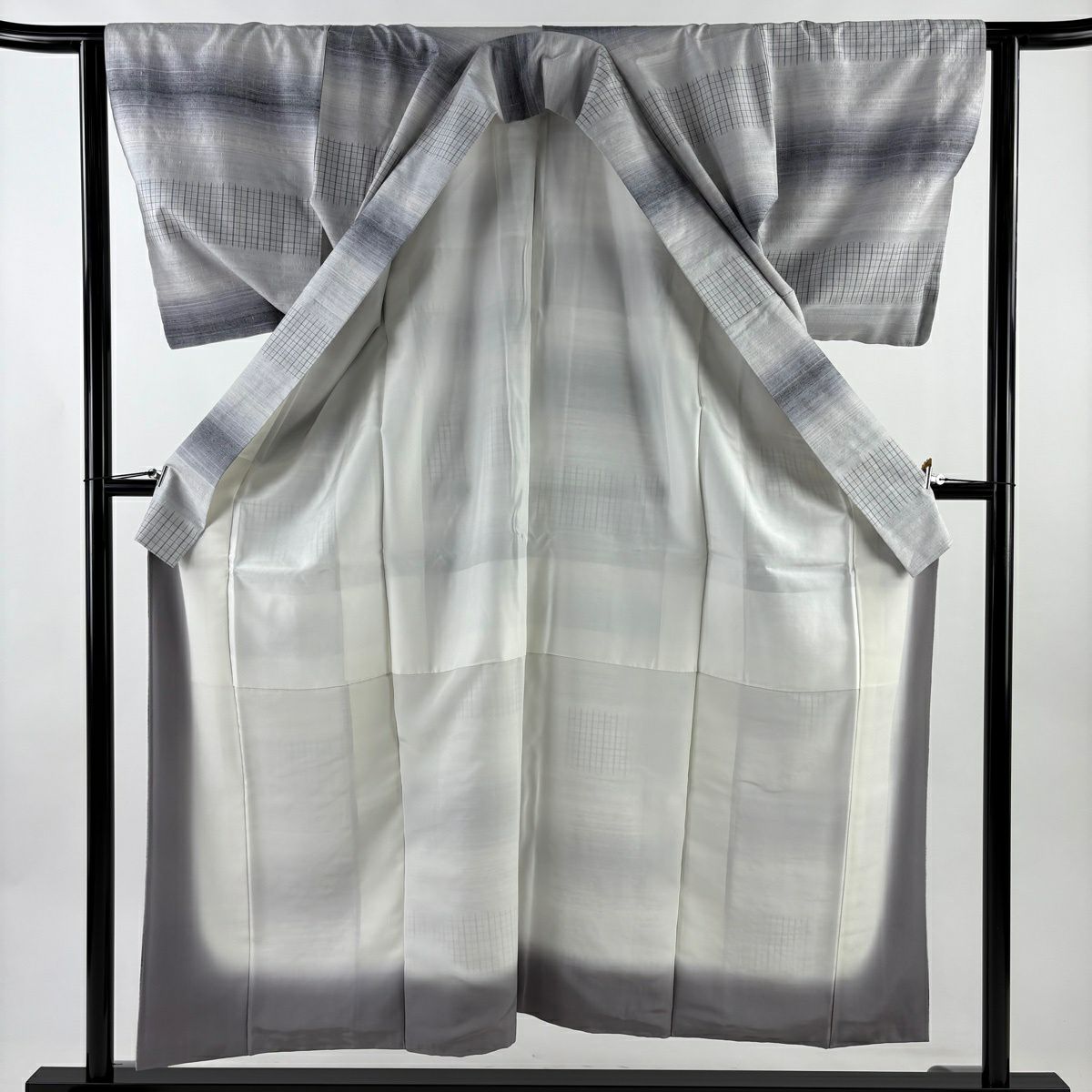 【美品】 紬織 身長152.5cm 袖長62cm S 雙層 格子 段縞 灰 純蠶絲 名品級