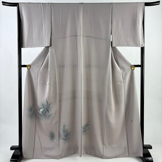 【美品】 付下 身長163cm 袖長66cm M 雙層 落款 鳥 葉紋 金銀彩 薄小豆 純蠶絲 名品級