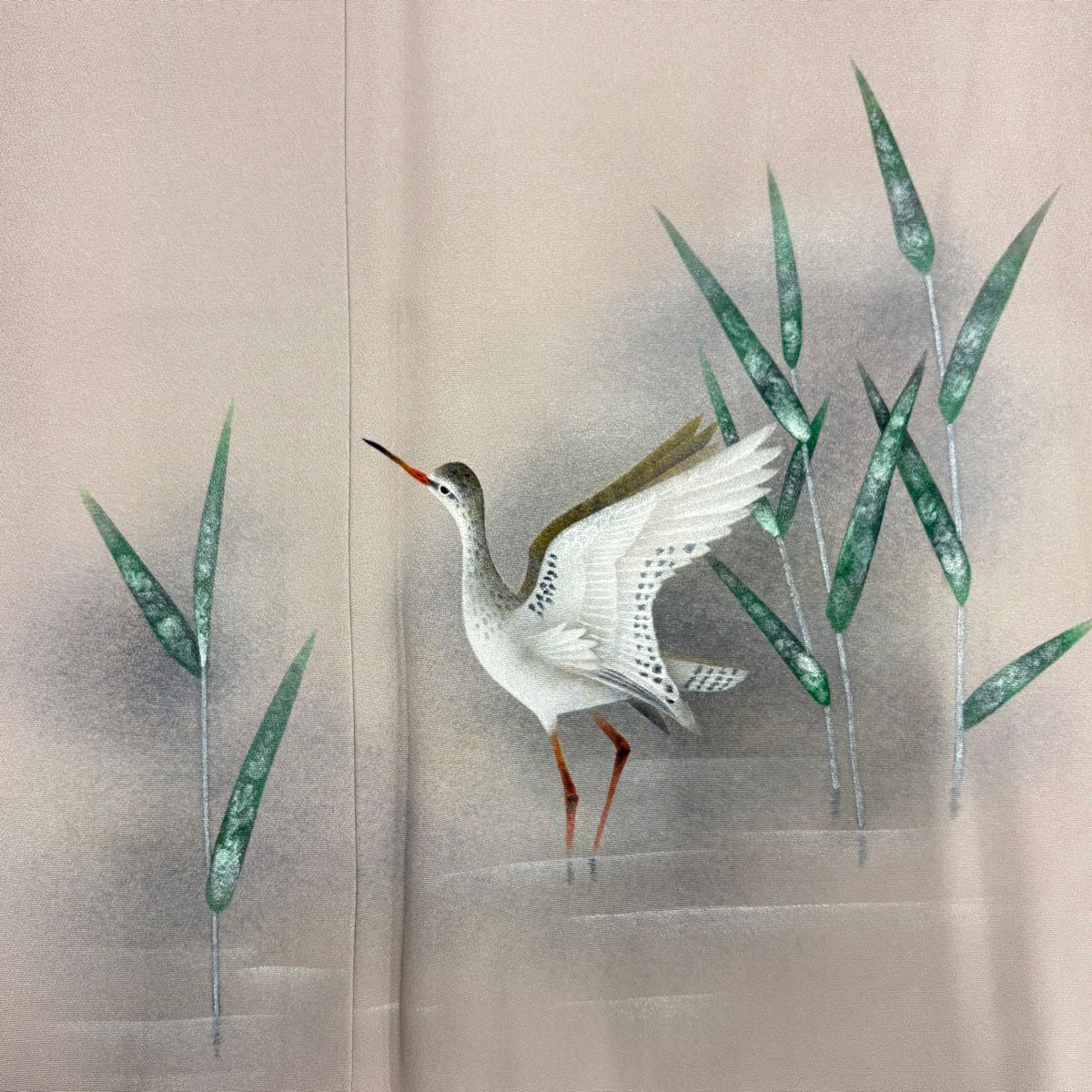 【美品】 付下 身長163cm 袖長66cm M 雙層 落款 鳥 葉紋 金銀彩 薄小豆 純蠶絲 名品級
