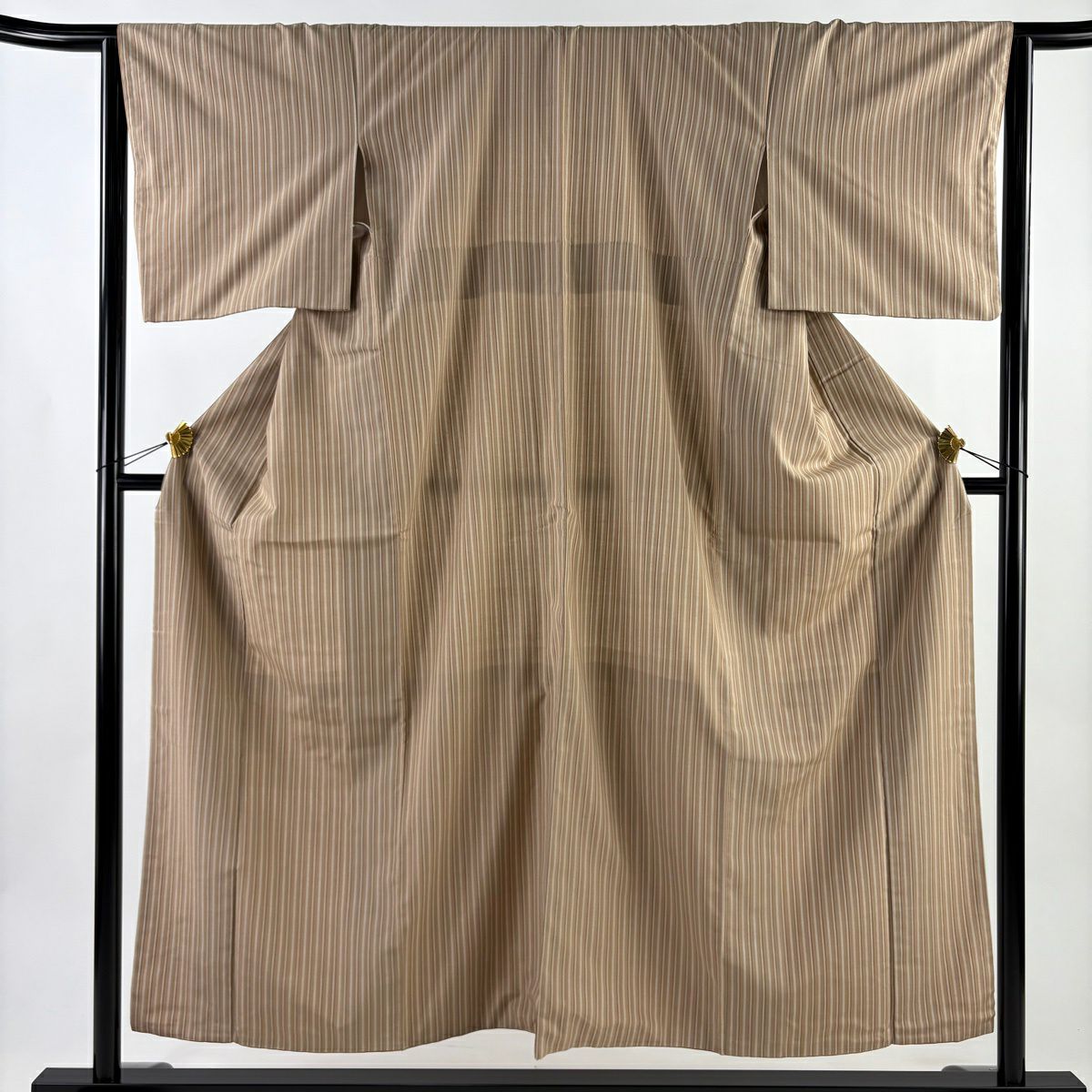 【美品】 紬織 身長154cm 袖長64.5cm M 雙層 垂直條紋 薄茶 純蠶絲 名品級
