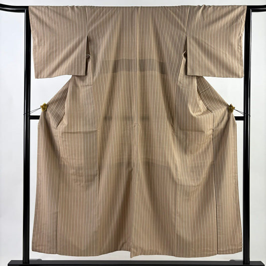 【美品】 紬織 身長154cm 袖長64.5cm M 雙層 垂直條紋 薄茶 純蠶絲 名品級
