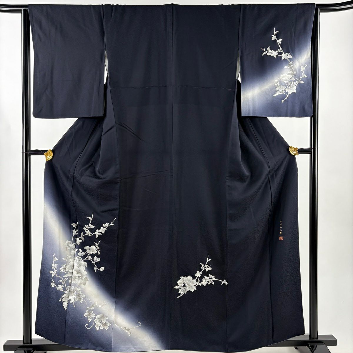 付下 身長160cm 袖長65cm M 雙層 中村弘三郎 大和 落款 草花紋紋 葡萄 拉麵 金銀彩 深藍 純蠶絲 名品級