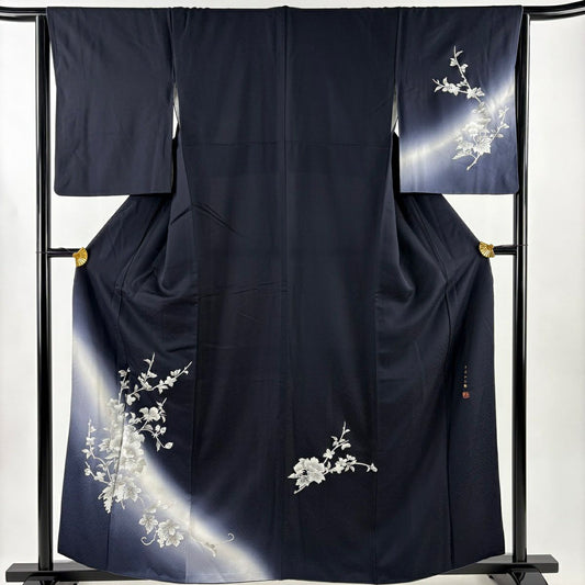 付下 身長160cm 袖長65cm M 雙層 中村弘三郎 大和 落款 草花紋紋 葡萄 拉麵 金銀彩 深藍 純蠶絲 名品級