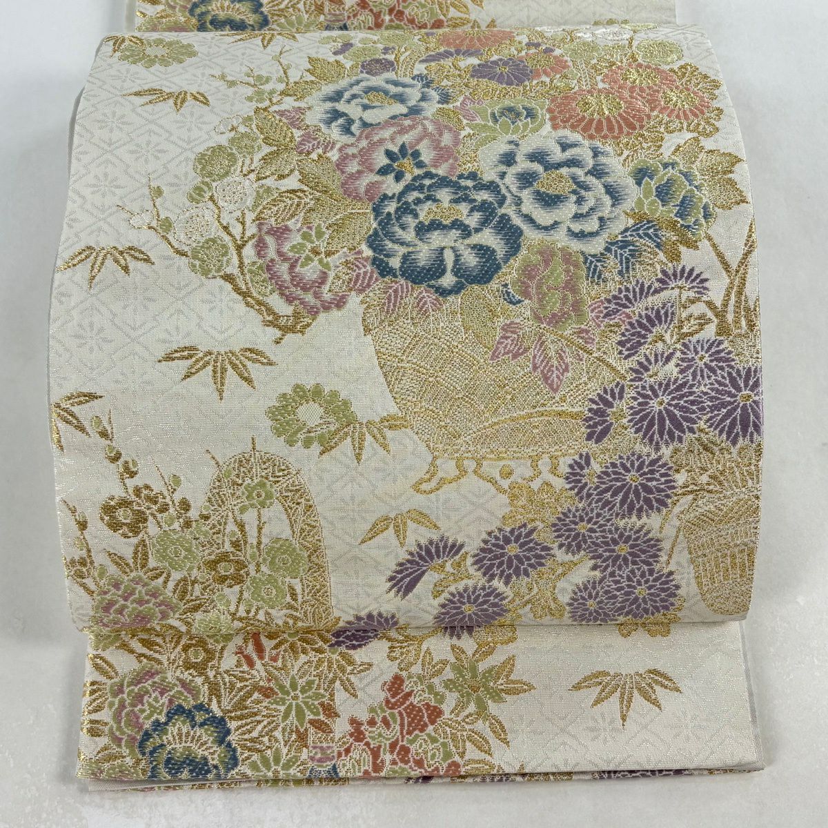 【美品】 袋帶 逸品級 木村雨山監修 落款あり 共箱付き 加賀友禪 古田芳彩 花車 花籠 梅花竹子 金糸 金金箔 灰白 六通 純蠶絲
