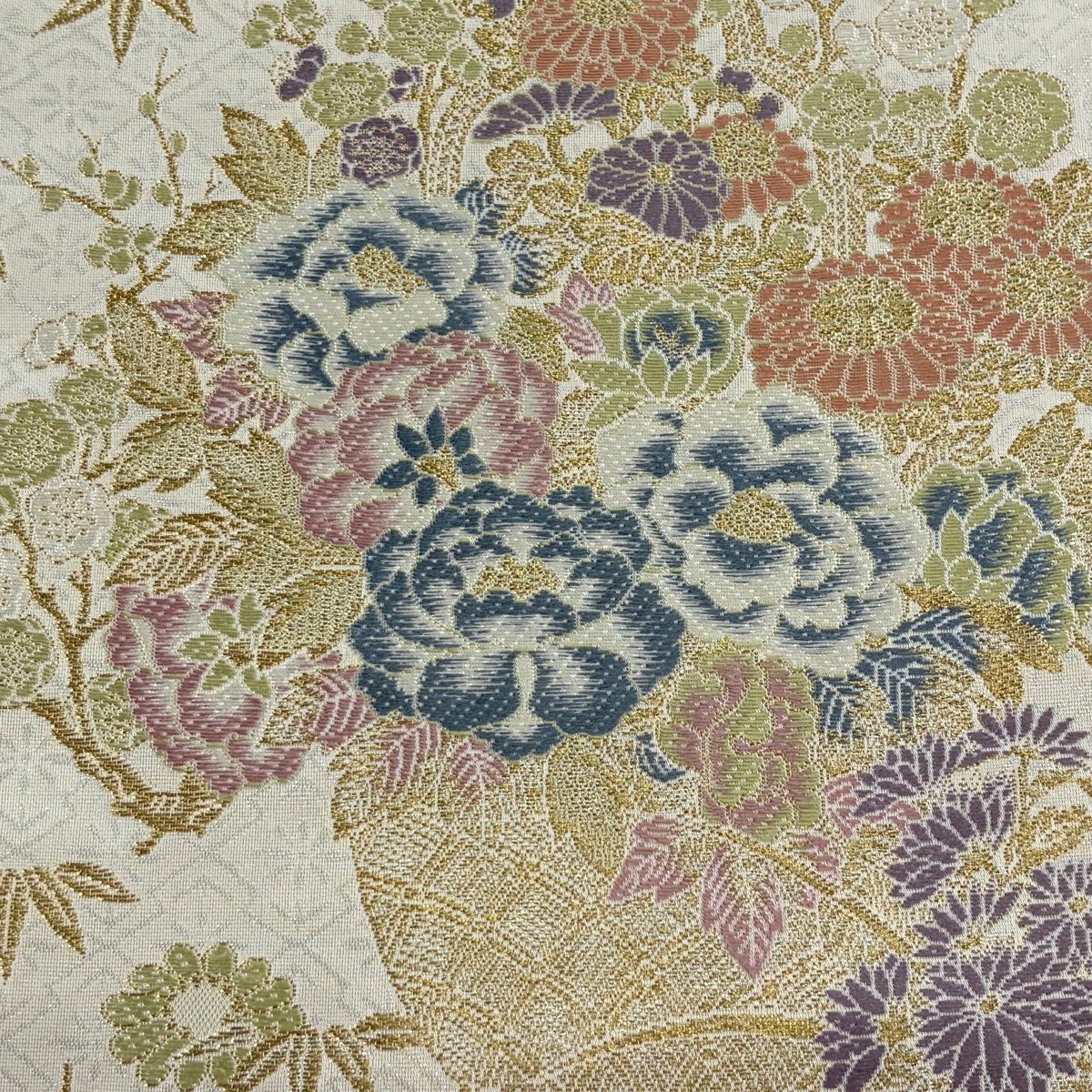 【美品】 袋帶 逸品級 木村雨山監修 落款あり 共箱付き 加賀友禪 古田芳彩 花車 花籠 梅花竹子 金糸 金金箔 灰白 六通 純蠶絲