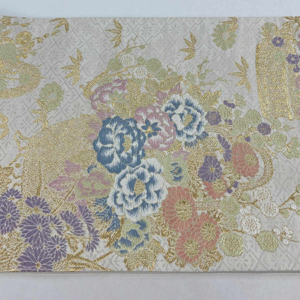 【美品】 袋帶 逸品級 木村雨山監修 落款あり 共箱付き 加賀友禪 古田芳彩 花車 花籠 梅花竹子 金糸 金金箔 灰白 六通 純蠶絲