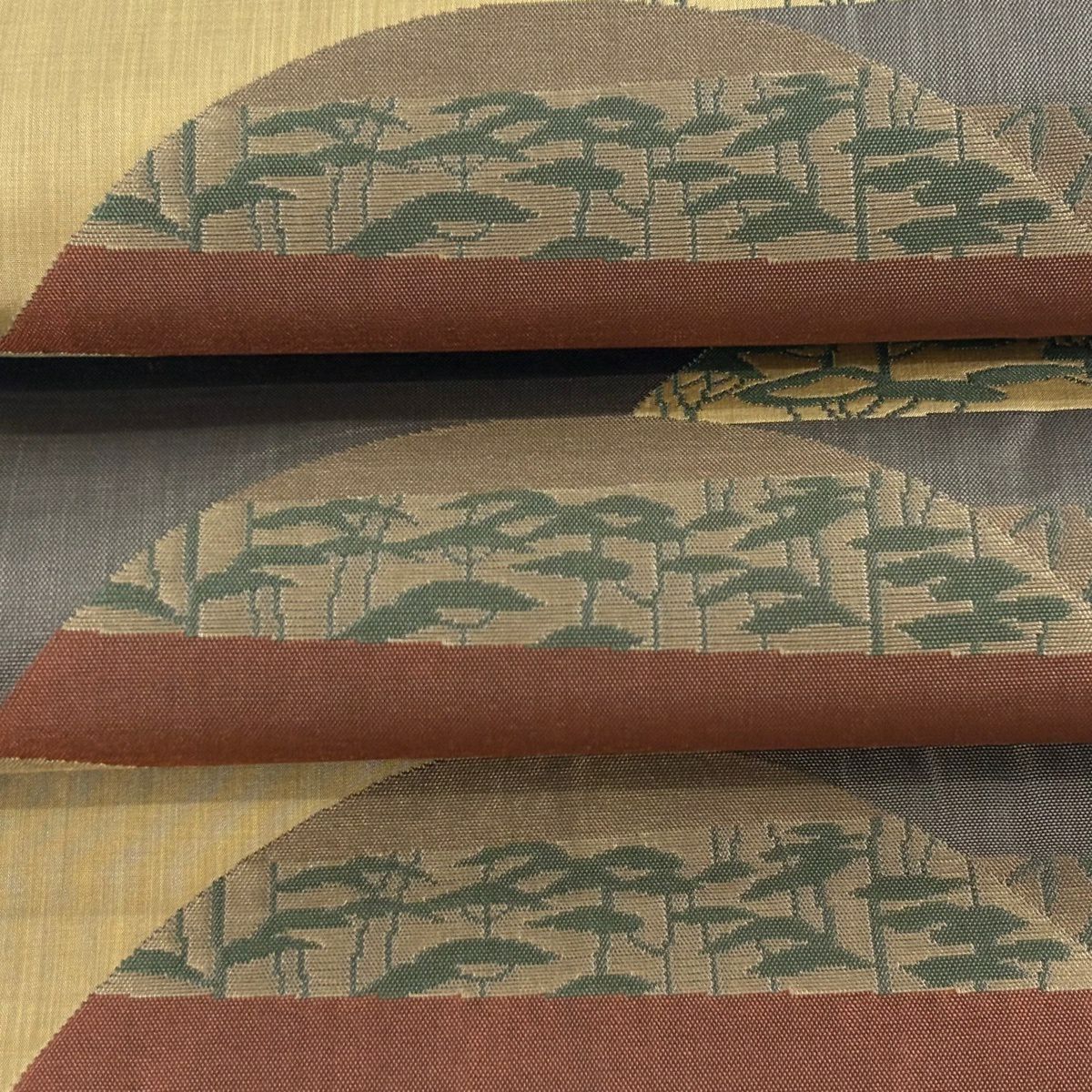 【美品】 袋帶 逸品級 木屋太 落款 山脈 草花紋 淡米色 六通 純蠶絲