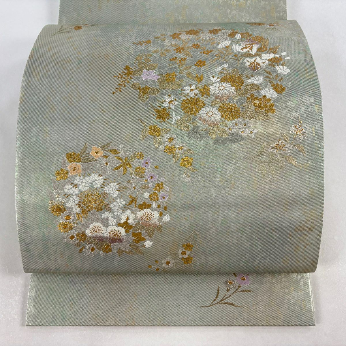 【美品】 袋帶 逸品級 和田光正 落款 草花紋 櫻花 金銀彩 金金箔 薄綠 お太鼓柄 純蠶絲