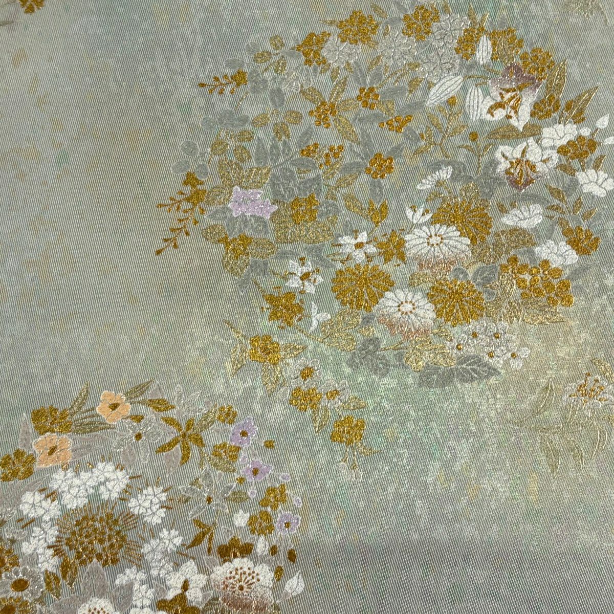 【美品】 袋帶 逸品級 和田光正 落款 草花紋 櫻花 金銀彩 金金箔 薄綠 お太鼓柄 純蠶絲