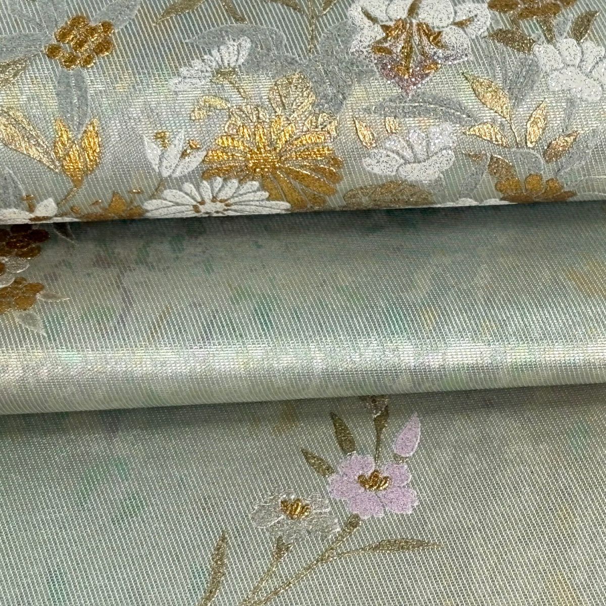 【美品】 袋帶 逸品級 和田光正 落款 草花紋 櫻花 金銀彩 金金箔 薄綠 お太鼓柄 純蠶絲