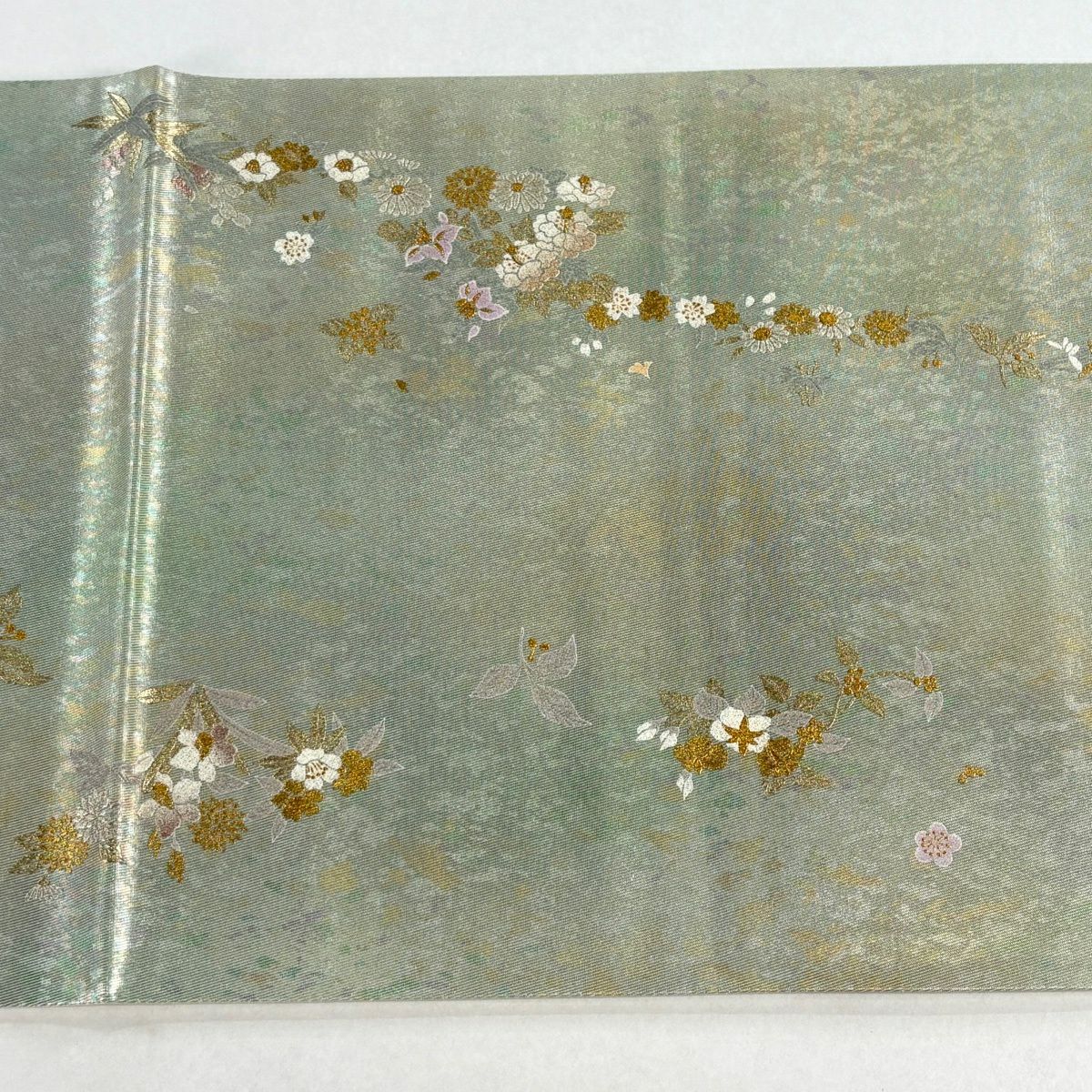 【美品】 袋帶 逸品級 和田光正 落款 草花紋 櫻花 金銀彩 金金箔 薄綠 お太鼓柄 純蠶絲