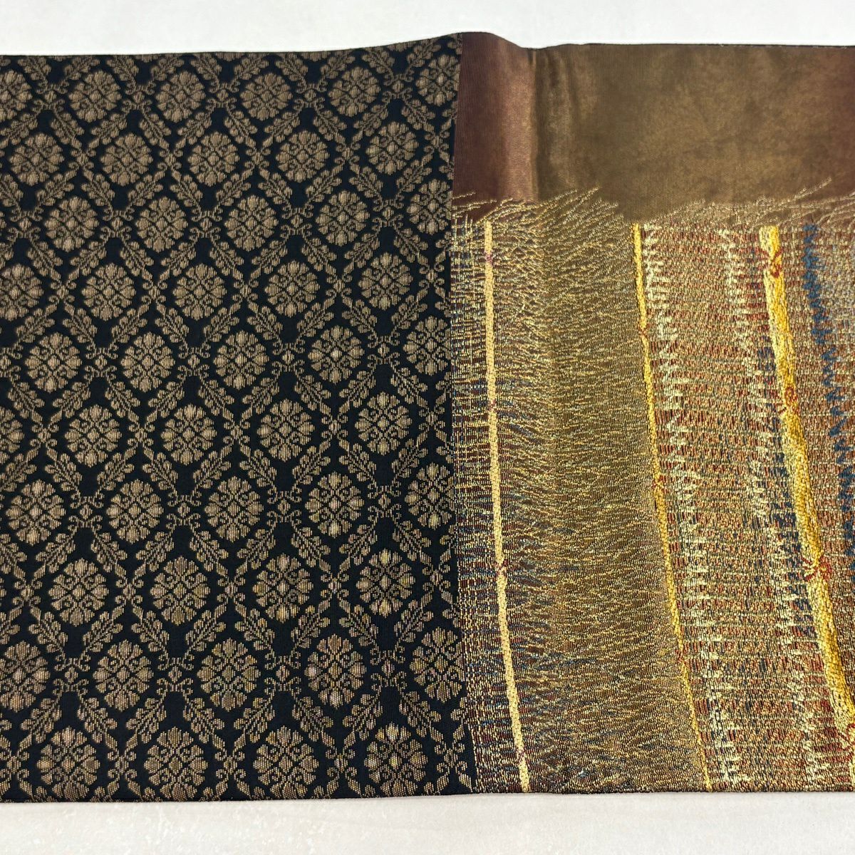 【美品】 袋帶 逸品級 紋屋井關 落款あり 御寮織 柴垣 金銀彩 金金箔 焦茶 六通 純蠶絲